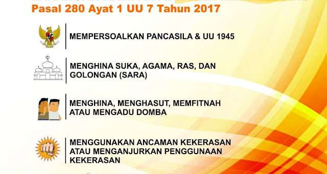 Larangan dalam kampanye pada Pemilu 2024 diatur dalam Undang-Undang Nomor 7 Tahun 2017 Tentang Pemilihan Umum pada Pasal 280 dan PKPU nomor 15 tahun 2023